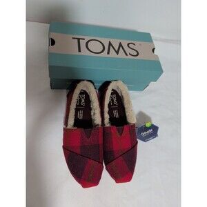 Toms Alpargata Women Faux Fur Lined Red Cozy Plaid Loafers Flats Size 5.5 Comfor